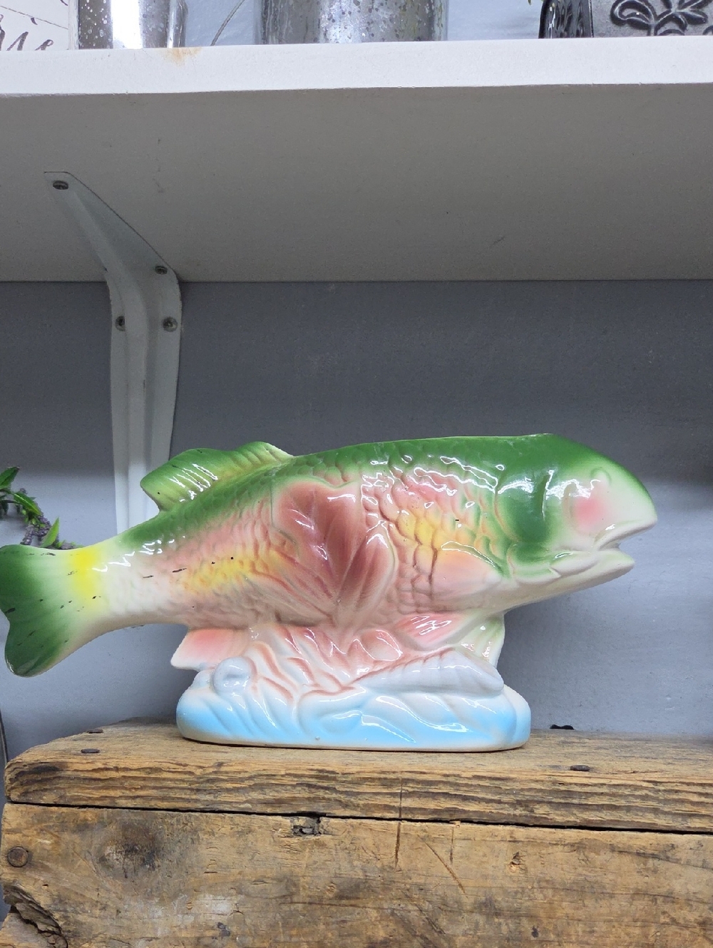 Vintage Ceramic Decorative Trout Fish Planter- Green and Pink